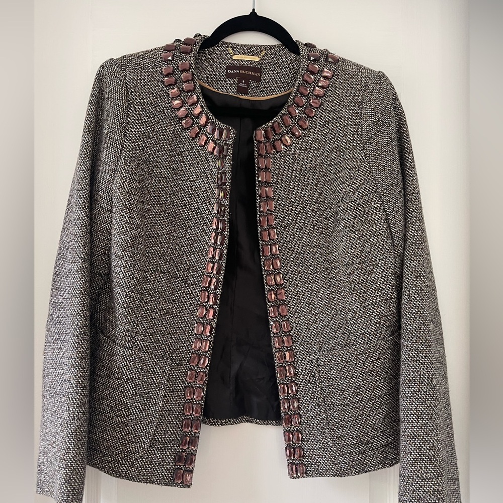 Dana Buchman Tweed Jacket Embellished Trim Open Front Blazer Brown 8